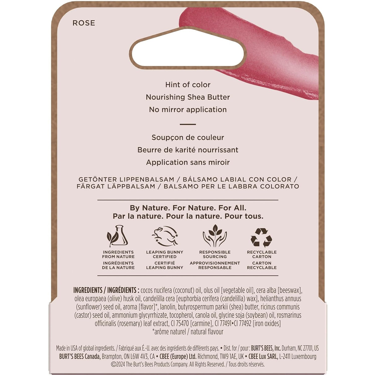 Burt’S Bees Tinted Lip Balm Rose; 8 Hour Moisture; Provides a Hint of Color; Nourishing Shea Butter; 100% Natural Origin; 1 Tube; 0.15 Oz. (Package May Vary)