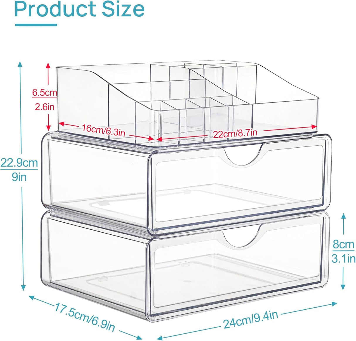 Vtopmart 3 Tier Clear Makeup Organizer with Drawer, Cosmetic Storage for Dresser Countertop and Bathroom Vanity, Beauty Holder for Lipstick Brush Skincare