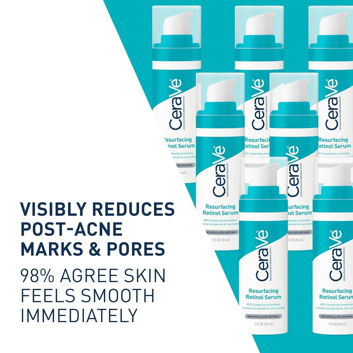 Cerave Resurfacing Retinol Serum for Post Acne Marks, Formulated with Licorice Root Extract & Niacinamide, Brightening Serum & Pore Minimizer for Face, Post Acne Skin Barrier Repair, Non-Comedogenic