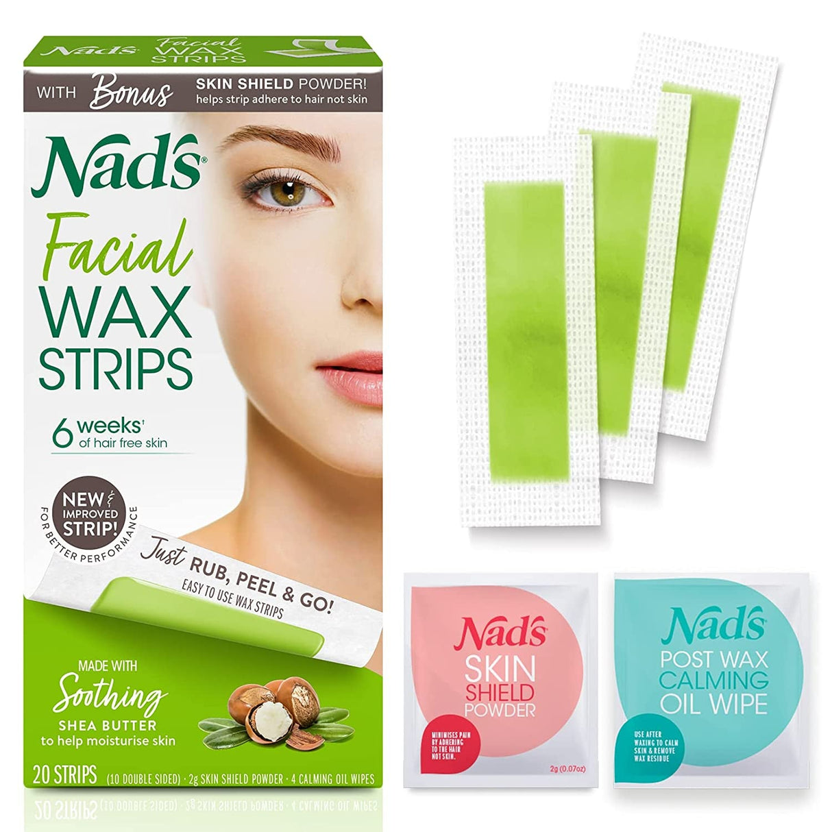 Nad'S Facial Wax Strips - Hypoallergenic All Skin Types - Facial Hair Removal for Women - at Home Waxing Kit with 20 Face Wax Strips + 4 Calming Oil Wipes + Skin Protection Powder
