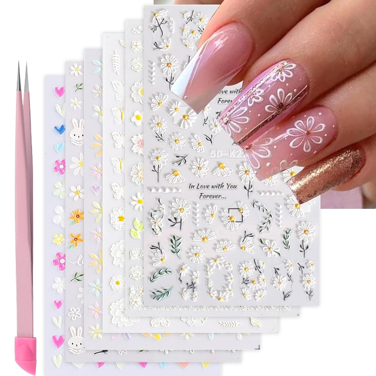 VOTACOS Flower Nail Art Stickers Decals 5D Embossed Nail Decals Spring Summer Daisy Nail Art Design Self-Adhesive Nail Supplies Accessories 3D Flower Nail Stickers for Women Nail DIY Decoration