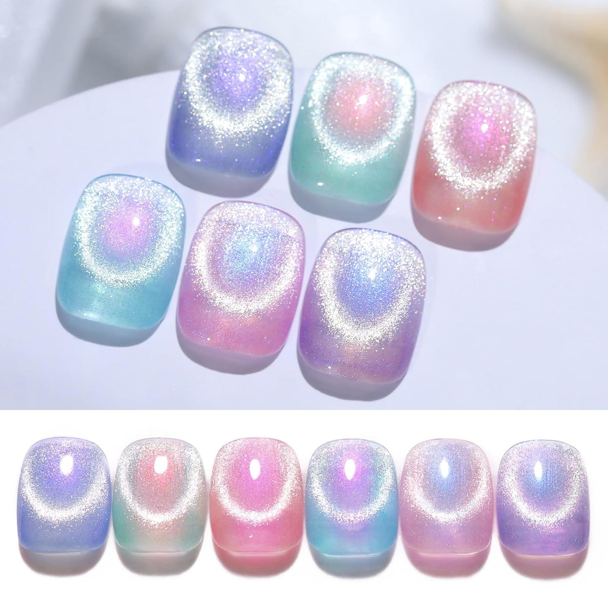 Born Pretty Cat Magnetic Eye Gel Nail Polish, Holographic Glitter Milky Jelly Cat Magnetic Gel Blue Green Purple Pink Nude Silver Nail Art Gel Manicure Salon DIY Gifts 7ML 6PCS