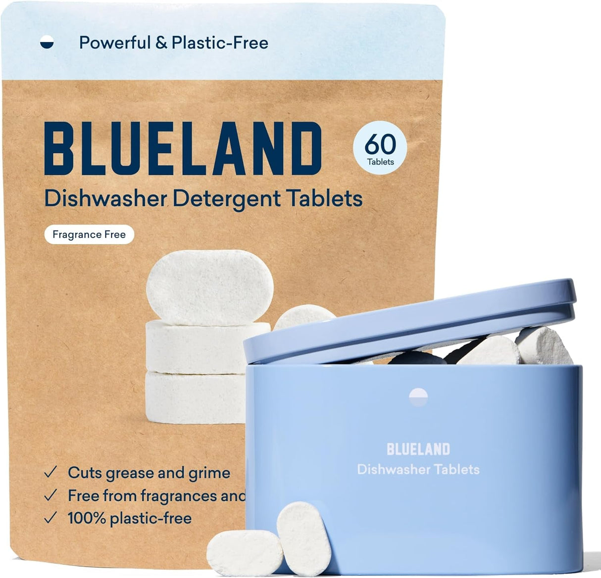 BLUELAND Dishwasher Detergent Tablet Refill 60 Count- Plastic-Free & Eco Friendly Alternative to Liquid Pods or Sheets - Natural, Sustainable - 60 Washes