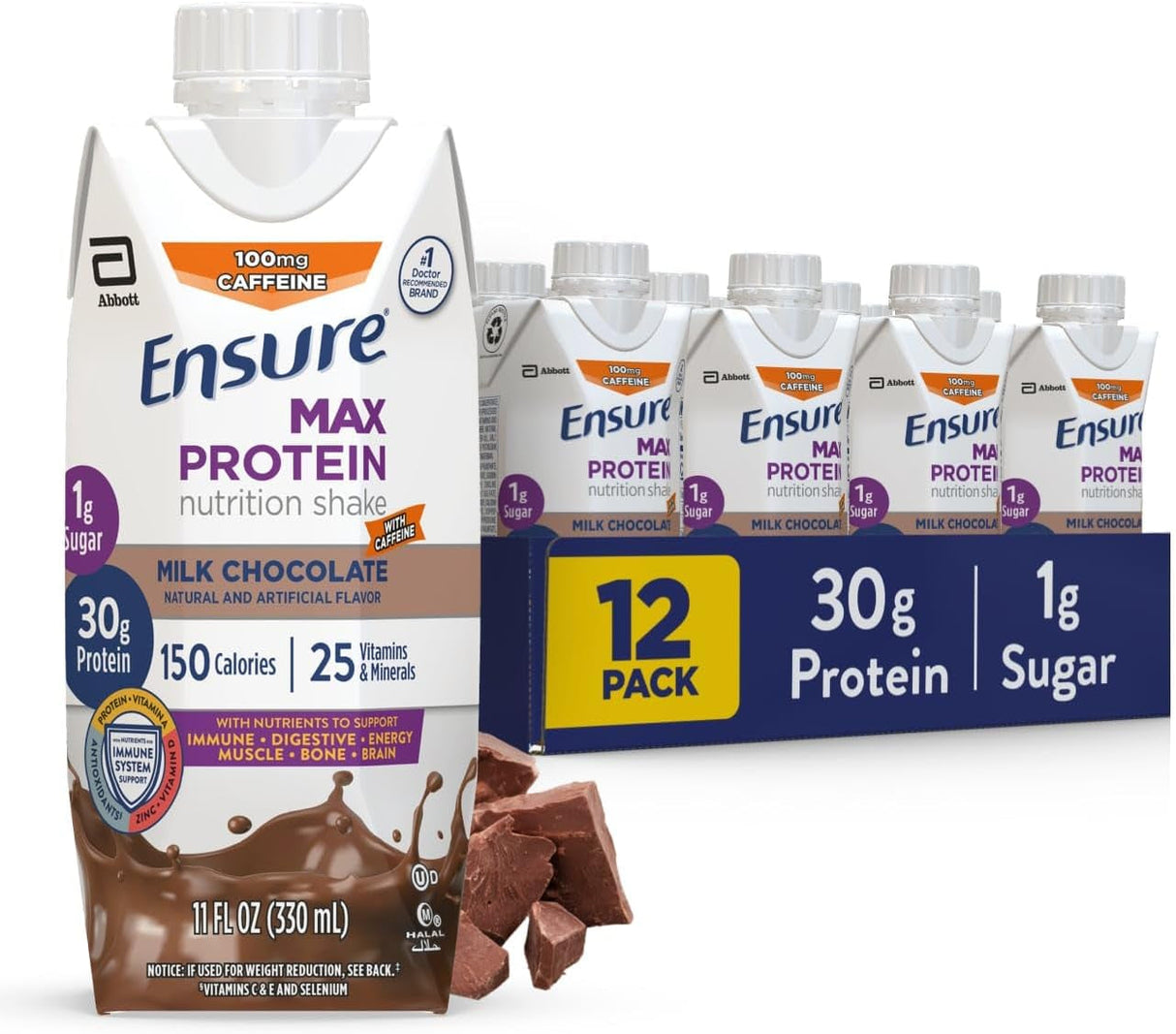 Ensure Max Protein Shake | Milk Chocolate | Ready to Drink | 30G Protein for Muscle Building | 1G Sugar, 4G Fiber | 11 Fl Oz - 12 Pack