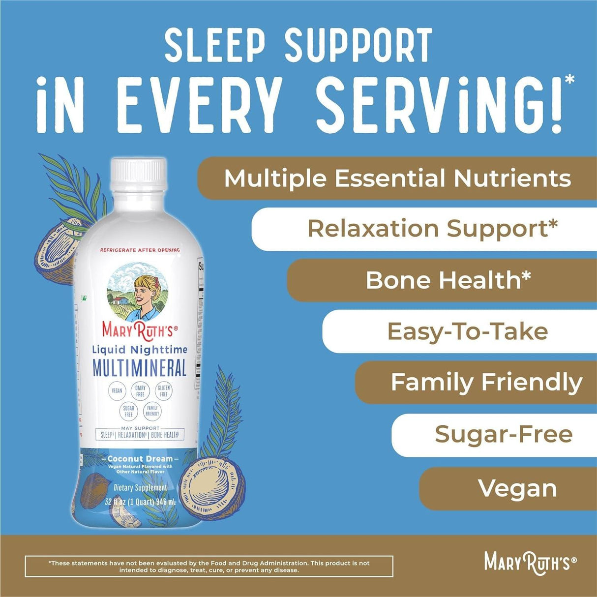 Maryruth Organics Nighttime Liquid Multimineral Sleep Supplement, Sugar Free, Calm Magnesium Citrate Sleep, NO Melatonin, Calcium Magnesium Zinc, 4 Flavors Available, Vegan, Gluten Free, 32 Servings - Supply Center USA