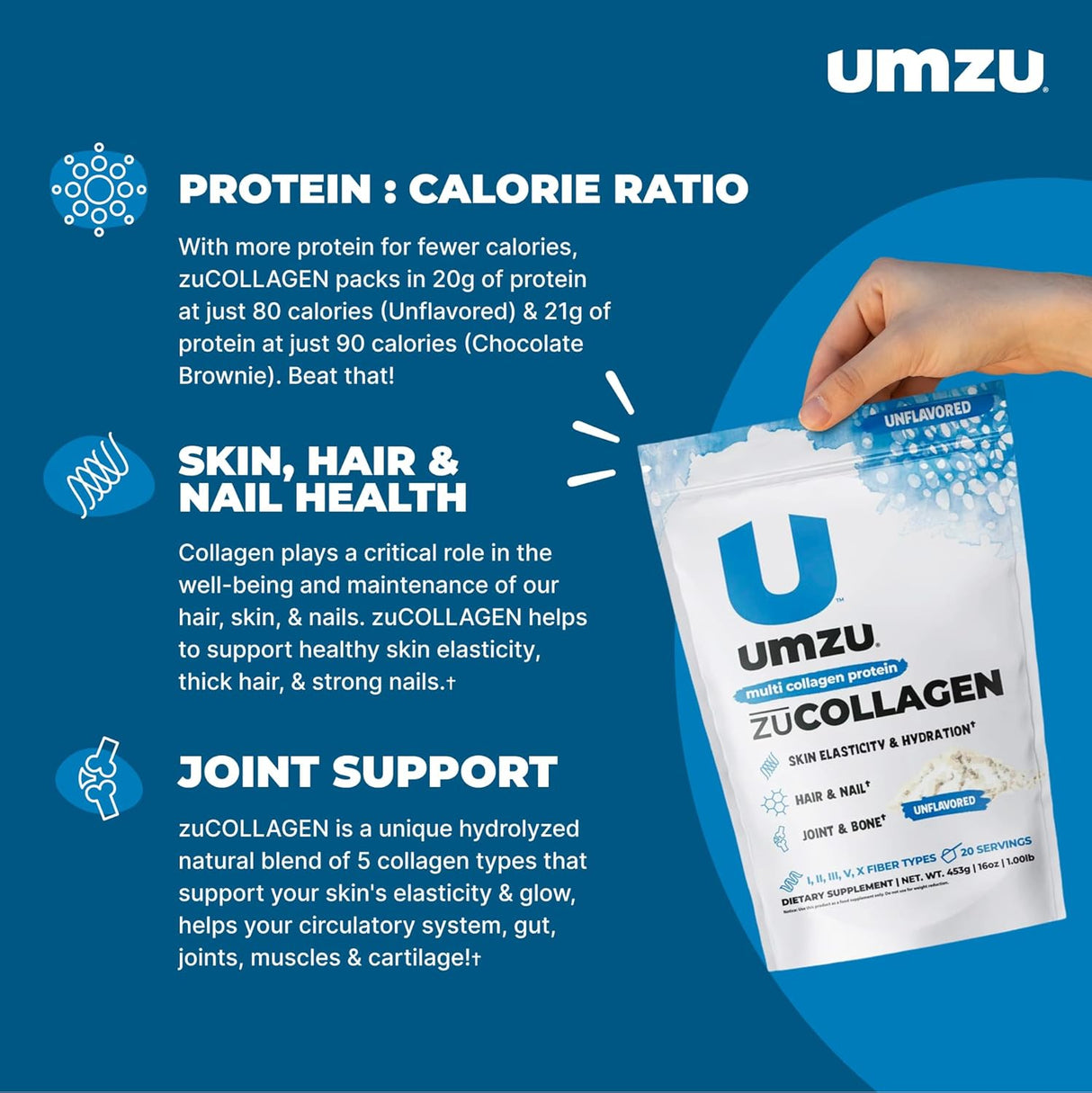 UMZU Zucollagen Hydrolyzed Protein Powder | 5 Collagen Peptide Types for Healthy Hair, Skin, Nails, Joints & Gut | Low Calorie, High Protein (20G Protein per Serving | Unflavored)