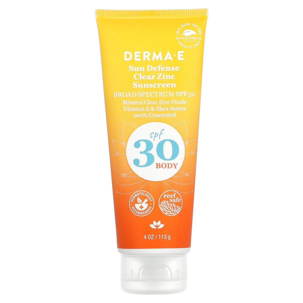 DERMA E, Sun Defense Clear Zinc Sunscreen, Body, SPF 30, Unscented, 4 oz (113g) - Supply Center USA