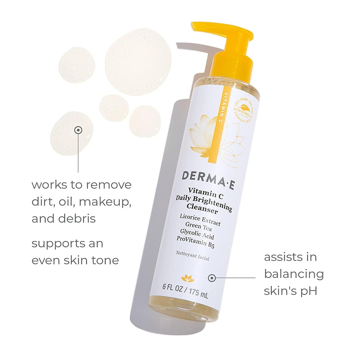 DERMA-E Vitamin C Cleanser - Daily Brightening Cleanser – Hydrating Face Wash to Even Out Skin Tone – Moisturizing Face Cleanser for a Radiant Glow, 6 Fl Oz - Supply Center USA