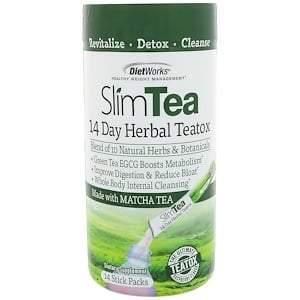 DietWorks, Slim Tea, 14 Day Herbal Teatox, Matcha Tea, Raspberry Flavor, 14 Stick Packs - Supply Center USA