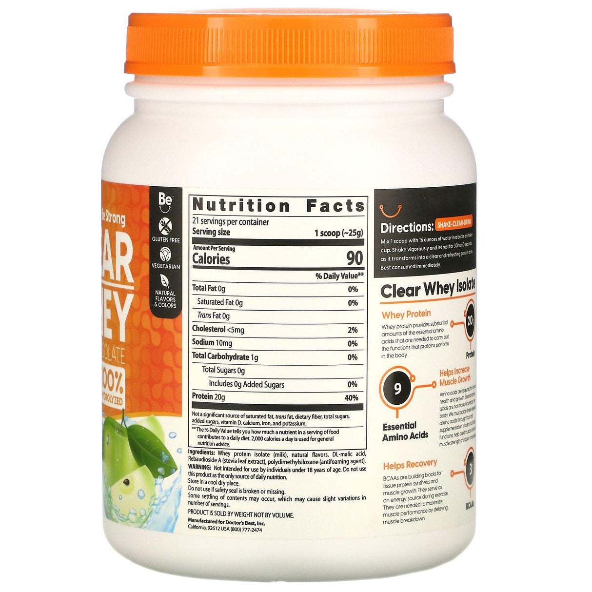 Doctor's Best, Clear Whey Protein Isolate, Green Apple, 1.16 lb (525 g) - Supply Center USA
