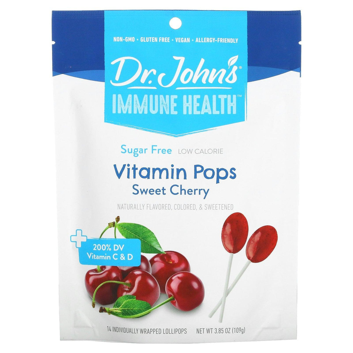 Dr. John's Healthy Sweets, Immune Health, Vitamin Pops, + 200% DV Vitamin C & D, Sweet Cherry, Sugar Free, 14 Individually Wrapped Lollipops, 3.85 oz (109 g) - Supply Center USA