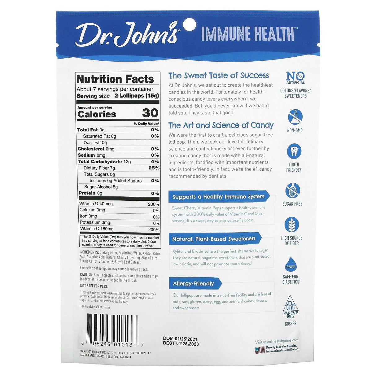 Dr. John's Healthy Sweets, Immune Health, Vitamin Pops, + 200% DV Vitamin C & D, Sweet Cherry, Sugar Free, 14 Individually Wrapped Lollipops, 3.85 oz (109 g) - Supply Center USA
