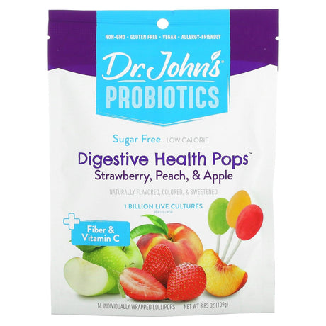 Dr. John's Healthy Sweets, Probiotics, Digestive Health Pops, + Fiber & Vitamin C, Strawberry, Peach & Apple, Sugar Free, 1 Billion, 14 Individually Wrapped Lollipops, 3.85 oz (109 g) - Supply Center USA