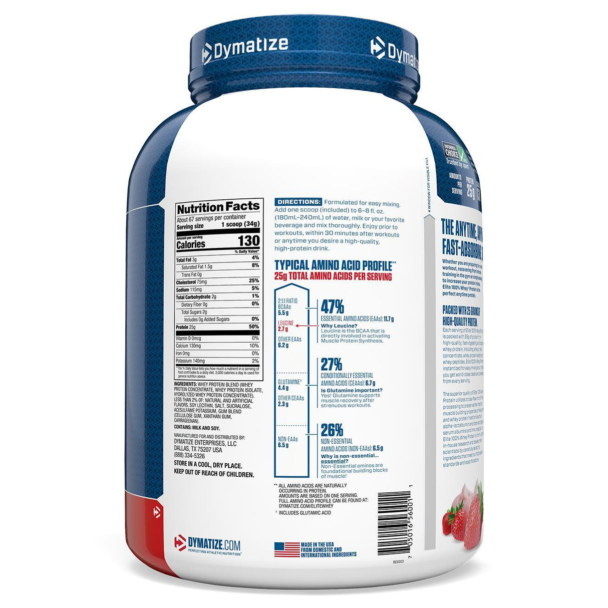 Dymatize Nutrition, Elite 100% Whey Protein Powder, Strawberry Blast, 5 lbs (2.3 kg) - Supply Center USA