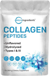 Micro Ingredients Hydrolyzed Collagen Peptides Powder, 1Lb | Grass Fed Bovine Collagen for Women & Men | Type I & III Unflavored | Easy Mixing Vital Nutrients for Healthy Hair, Skin & Joints