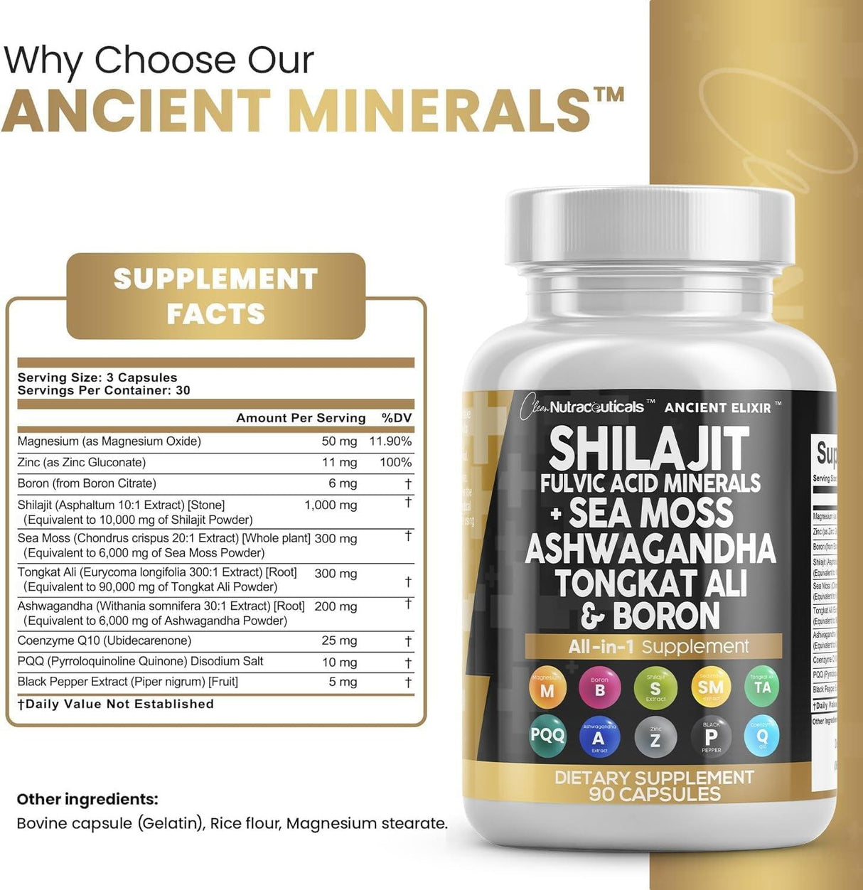 Clean Nutraceuticals Shilajit Supplement 10,000Mg with Sea Moss 6000Mg, Ashwagandha 6000Mg, Tongkat Ali, Boron, Magnesium - Fulvic Acid Capsules for Men - 90 Count - Supply Center USA