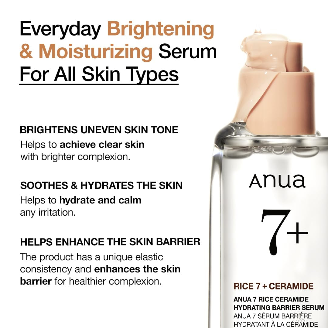 ANUA RICE CERAMIDE 7 HYDRATING BARRIER SERUM, Brightening, Hydrating Serum for Face, Rice, Hyaluronic Acid, Niacinamide, Fragrance-Free, Non Comodogenic, Glass Skin, Korean Skin Care, 50Ml/1.69Fl.Oz.
