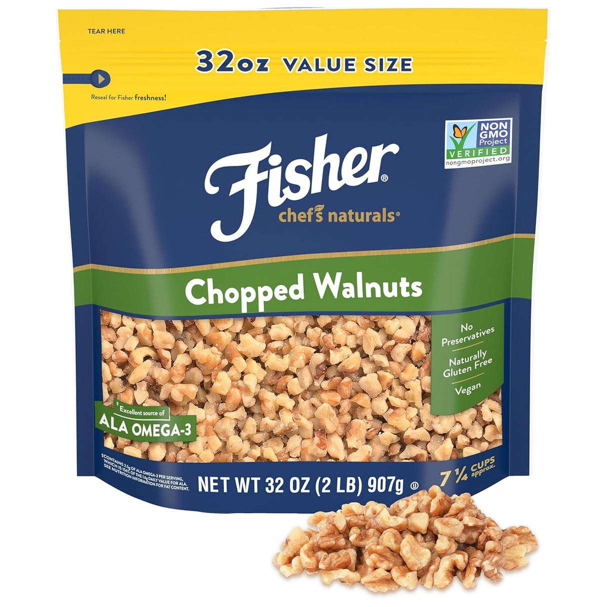 Fisher Chef'S Naturals Walnut & Pieces, Naturally Gluten Free, No Preservatives, Non-Gmo, Halves, 16 Oz