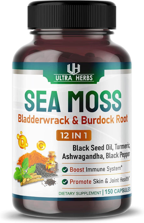 Organic Sea Moss Capsules 12,900Mg with Black Seed Oil, Ashwagandha, Burdock Root, Bladderwrack for Immune System, Gut, Skin & Energy *USA Made & Tested* (150 Count (Pack of 1)) - Supply Center USA