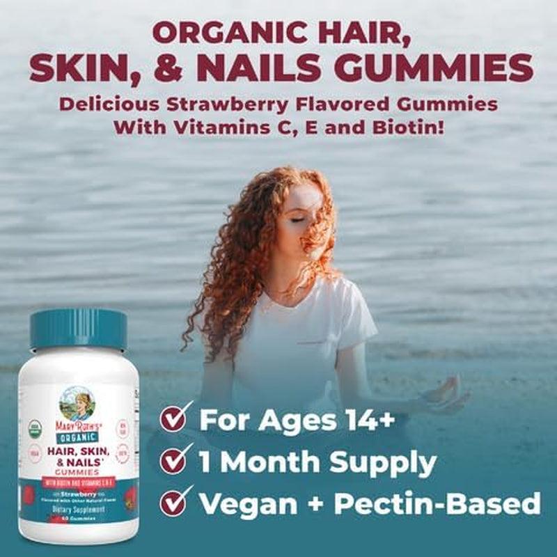 Maryruth Organics Hair Skin and Nail | USDA Organic | Biotin Gummy with Vitamin C and E | for Ages 14+ | 60 Count - Supply Center USA