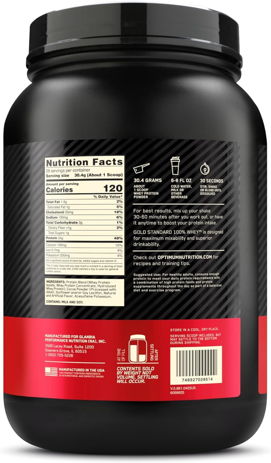 Optimum Nutrition Gold Standard 100% Whey Protein Powder, Double Rich Chocolate, 2 Pound (Packaging May Vary)