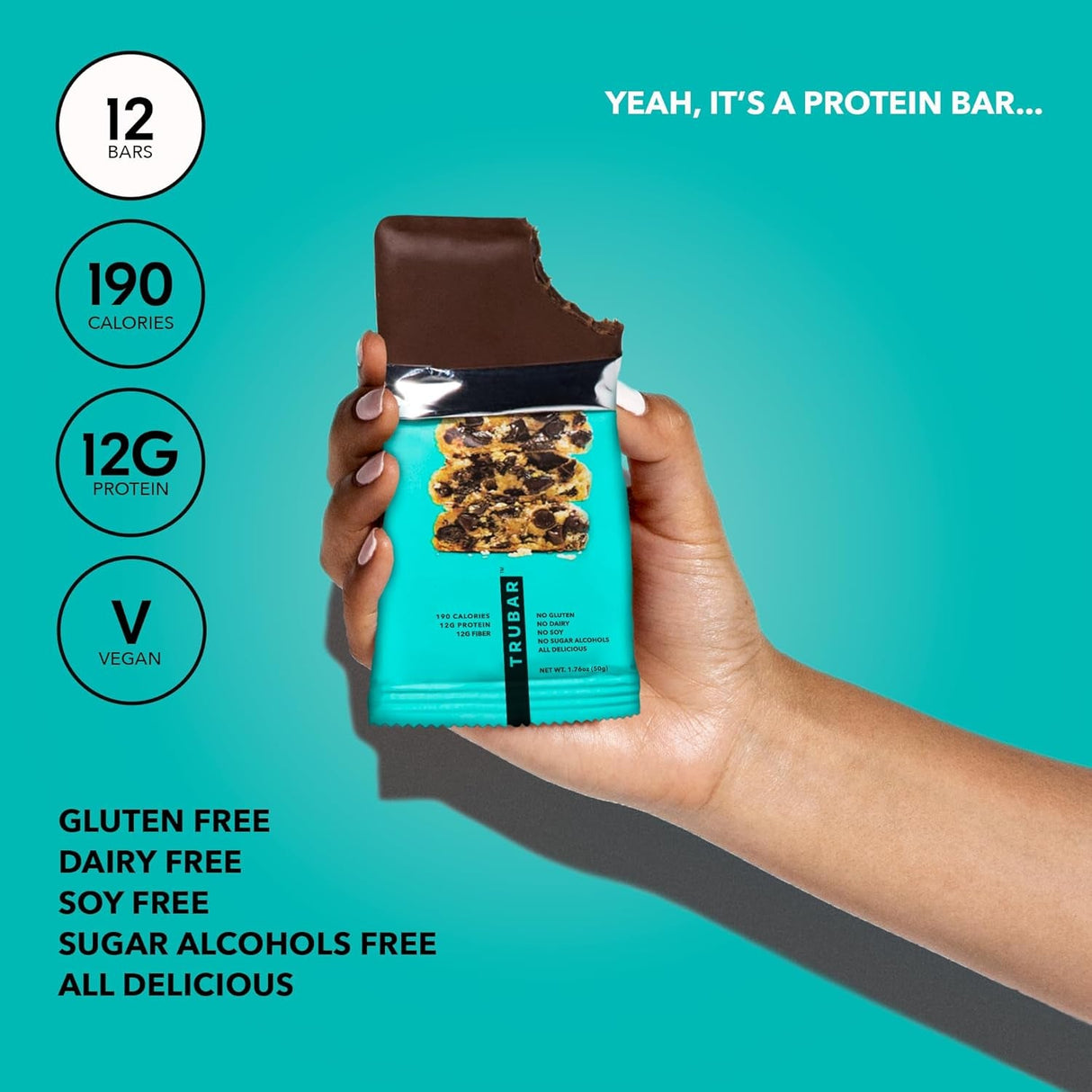 TRUBAR Vegan Protein Bar, Oh Oh Cookie Dough, Gluten Free, Plant Based Protein, Dairy Free, Non GMO, Soy Free, No Sugar Alcohols, 12G Protein, 12G Fiber, 23G Carb, Healthy on the Go Snack Bars, 12 CT