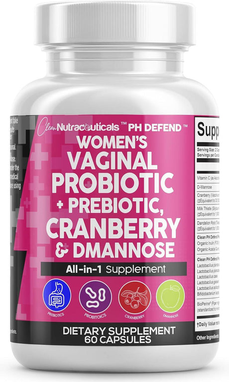 Clean Nutraceuticals Vaginal Probiotics for Women + Prebiotics 20 Billion Cranberry Pills 30,000Mg W/D-Mannose 500 Mg for Urinary Tract Health Ph Balance - Womens Vitamins for Vaginal Health - Supply Center USA