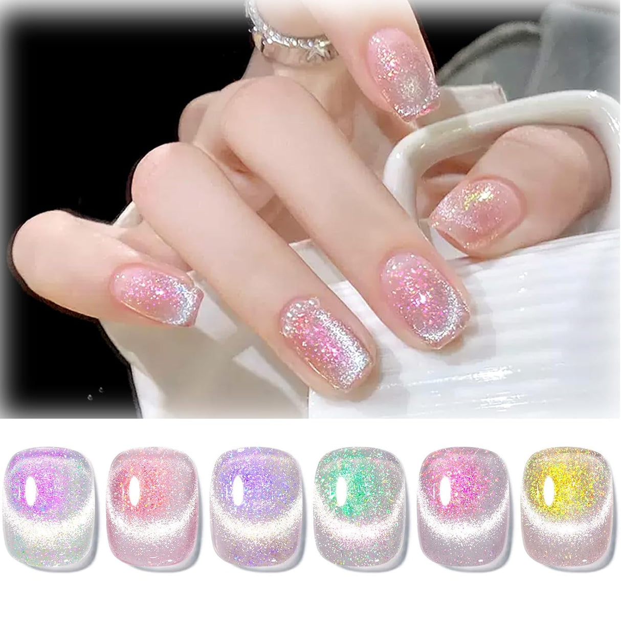 Born Pretty Cat Magnetic Eye Gel Nail Polish, Holographic Glitter Milky Jelly Cat Magnetic Gel Blue Green Purple Pink Nude Silver Nail Art Gel Manicure Salon DIY Gifts 7ML 6PCS