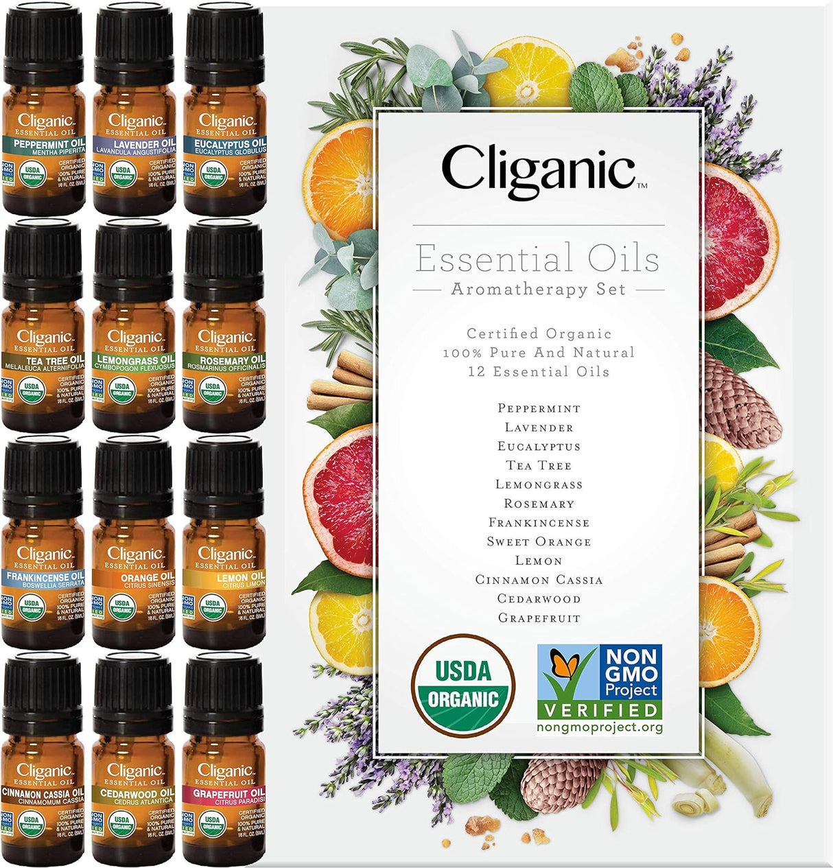 Cliganic Organic Essential Oils Set (Top 5) - 100% Pure Natural - Aromatherapy, Candle Making - Peppermint, Lavender, Eucalyptus, Lemongrass & Orange (Packaging May Vary)