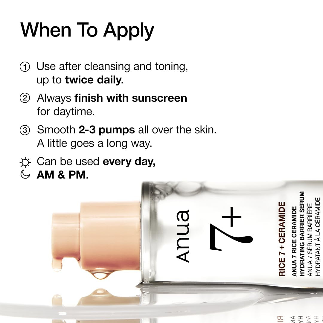 ANUA RICE CERAMIDE 7 HYDRATING BARRIER SERUM, Brightening, Hydrating Serum for Face, Rice, Hyaluronic Acid, Niacinamide, Fragrance-Free, Non Comodogenic, Glass Skin, Korean Skin Care, 50Ml/1.69Fl.Oz.