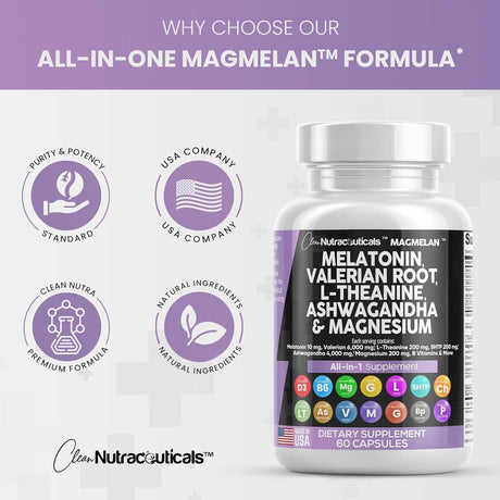 Clean Nutraceuticals Melatonin 10Mg Valerian Root 6000Mg L Theanine 200Mg Ashwagandha 4000Mg - Sleep Support for Women & Men with Magnesium Complex, Lemon Balm, Chamomile, & Passion Flower - 60 Caps - Supply Center USA