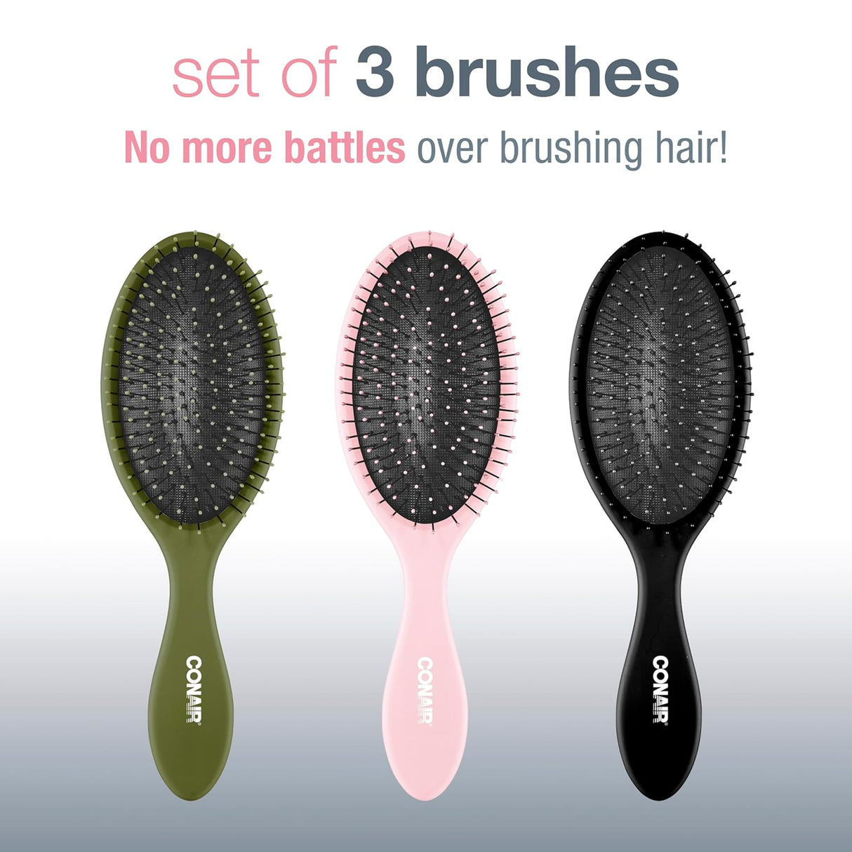 Conair Detangling Hair Brush 3PK - for Wet and Dry Hair - Curly Hair Brush - Hair Brushes for Women - Detangler Brush - Hair Brushes for Women - Evergreen, Blush Pink, Black Assorted