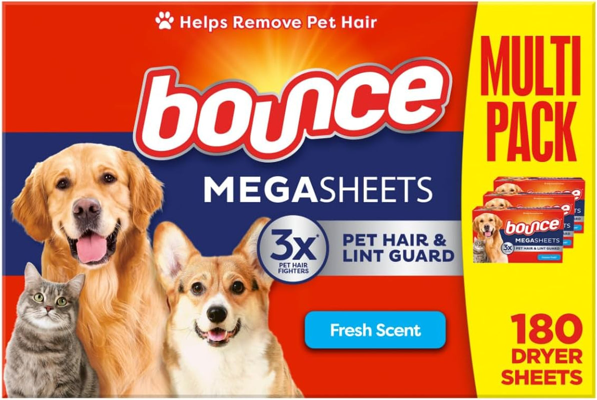 Bounce Pet Hair and Lint Guard Mega Dryer Sheets with 3X Pet Hair Fighters, Fresh Scent, 130 Count, Bounce Dryer Sheets, Fabric Softener Sheets