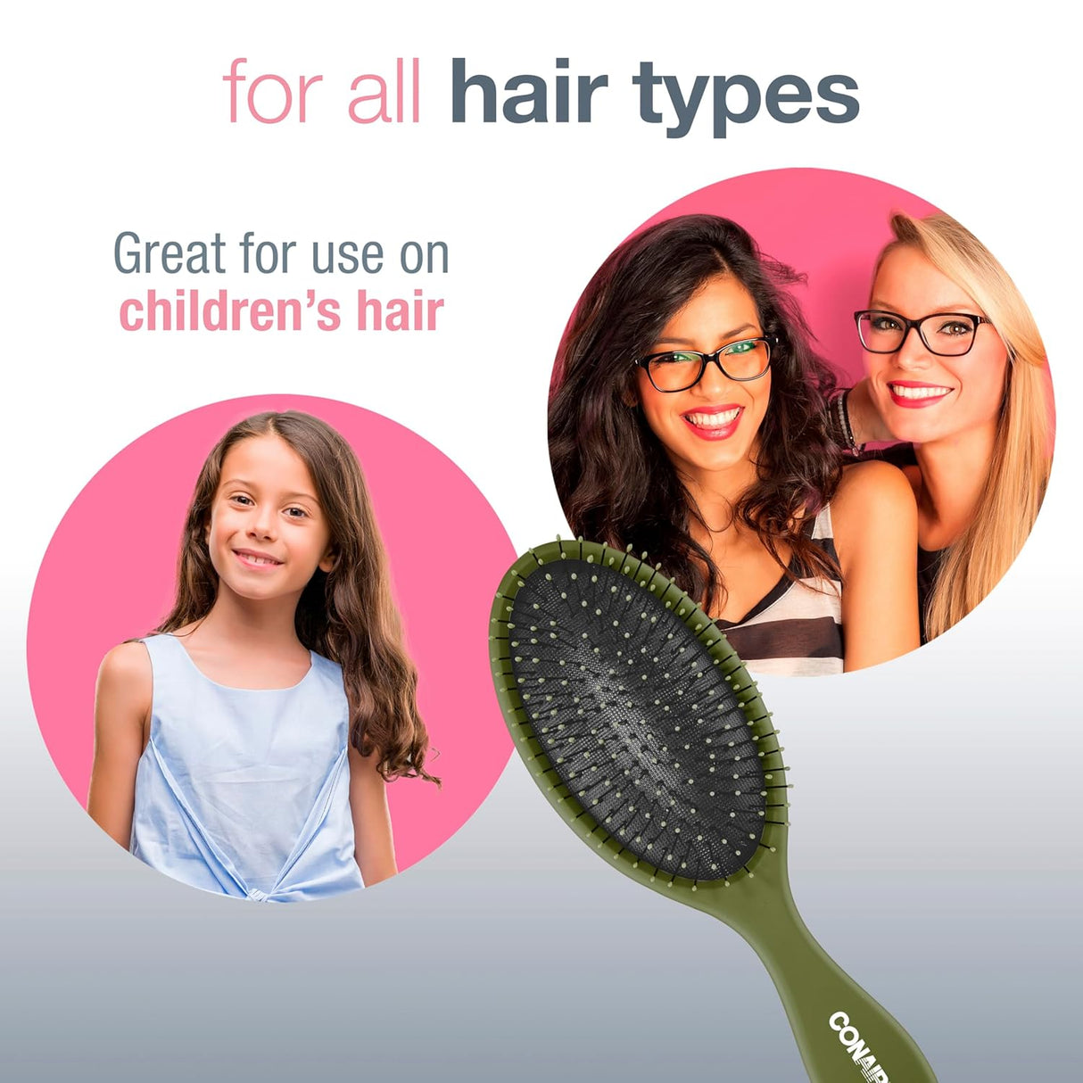Conair Detangling Hair Brush 3PK - for Wet and Dry Hair - Curly Hair Brush - Hair Brushes for Women - Detangler Brush - Hair Brushes for Women - Evergreen, Blush Pink, Black Assorted