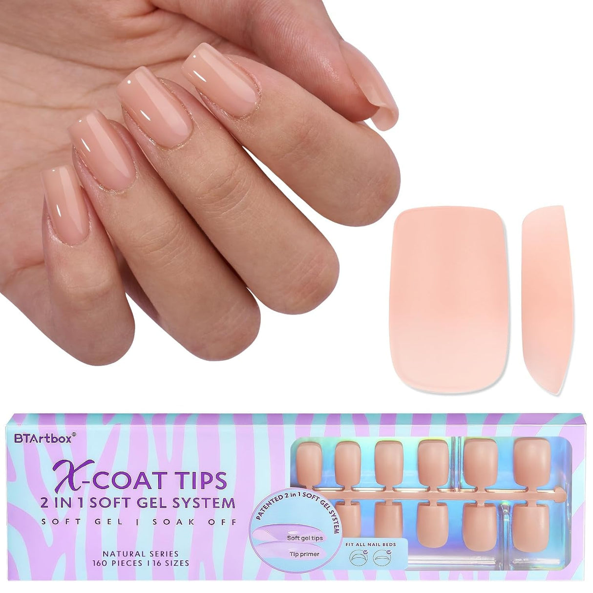 Btartboxnails XS Short Square Gel Nail Tips - Pre Colored Milky White Soft Gel Nail Tips, Milky White Press on Nails, Natural XCOATTIPS Pre Applied Tip Primer