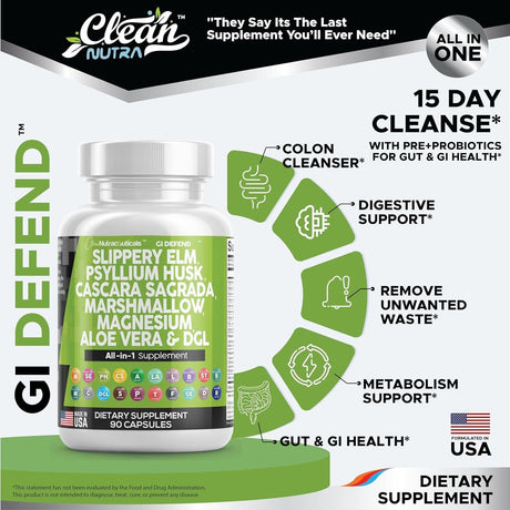 Clean Nutraceuticals Slippery Elm 5000Mg Psyllium Husk 2000Mg Pre Probiotic Digestive Gut Health Supplement with Aloe Vera Cascara Sagrada 2000Mg Marshmallow Root DGL Licorice Senna Extract - Supply Center USA