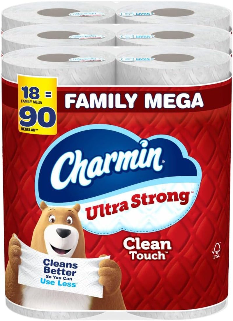 Charmin Toilet Paper Ultra Strong Clean Touch, 18 Family Mega Rolls = 90 Regular Rolls (Packaging May Vary)