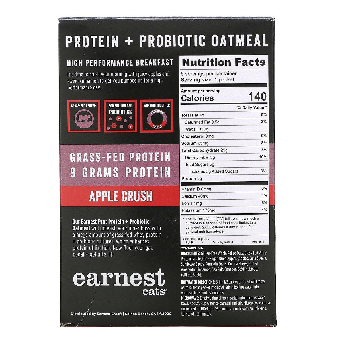Earnest Eats, Protein & Probiotic Instant Oatmeal, Apple Crush, 6 Packets, 8.47 oz (240 g) - Supply Center USA