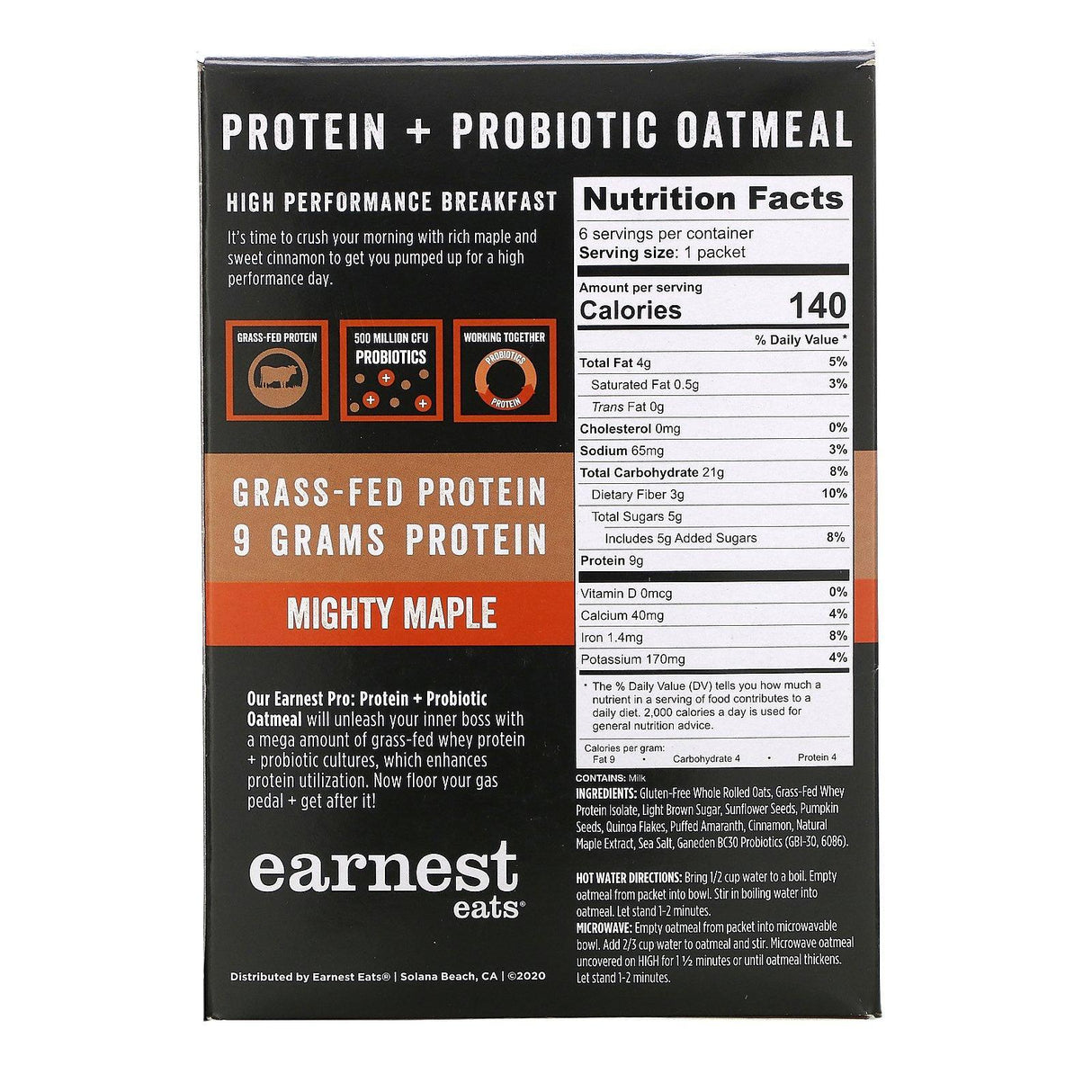 Earnest Eats, Protein & Probiotic Instant Oatmeal, Mighty Maple, 6 Packets, 8.47 oz (240 g) - Supply Center USA