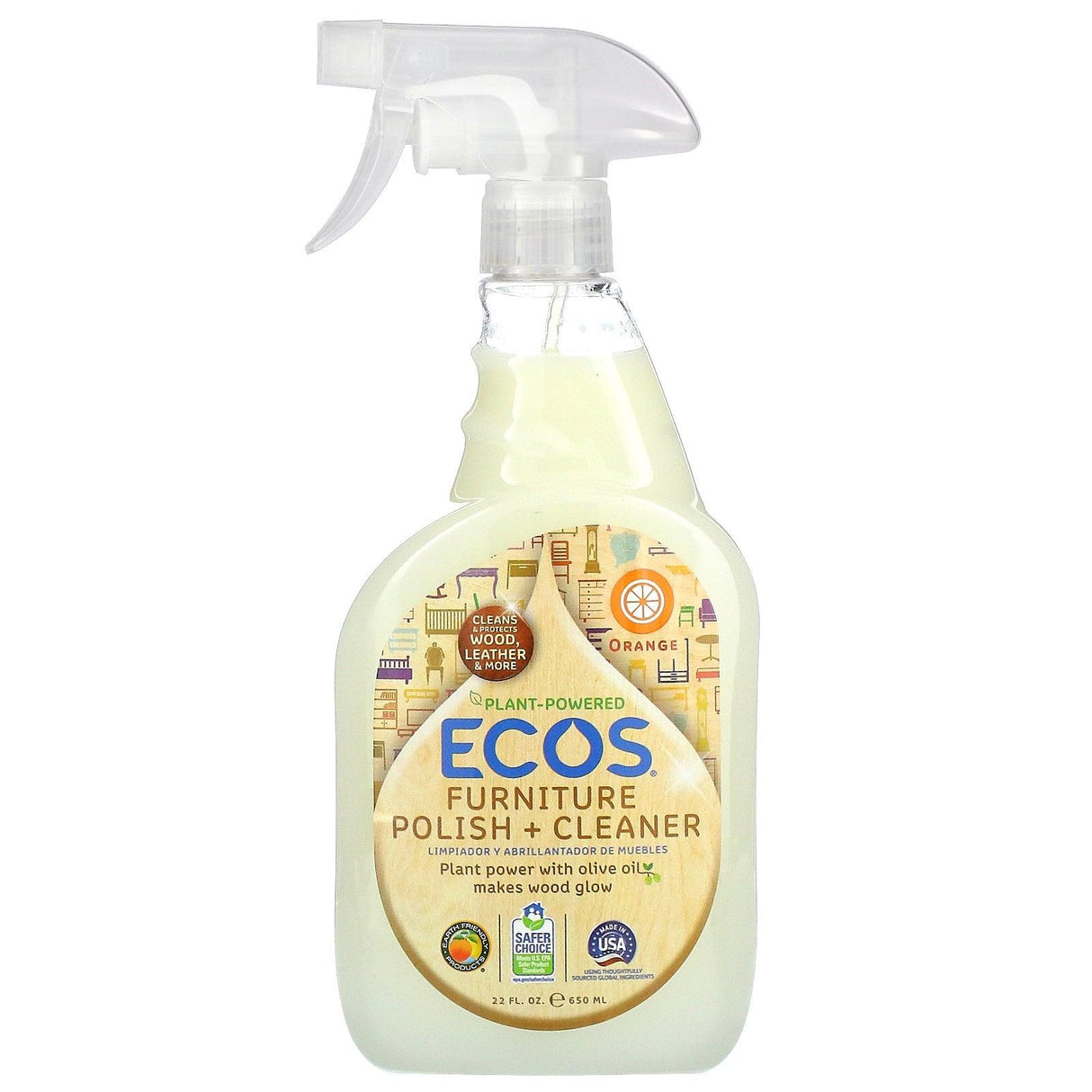 Earth Friendly Products, Ecos, Furniture Polish + Cleaner, Orange, 22 fl oz (650 ml) - Supply Center USA
