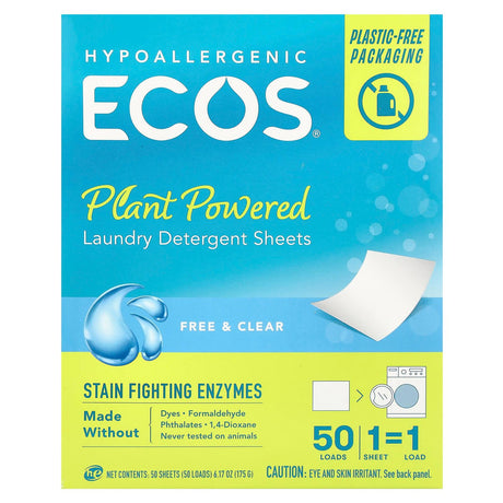 Earth Friendly Products, ECOS®, Plant Powered Laundry Detergent Sheets, Free & Clear, 50 Sheets, 6.17 oz (175 g) - Supply Center USA