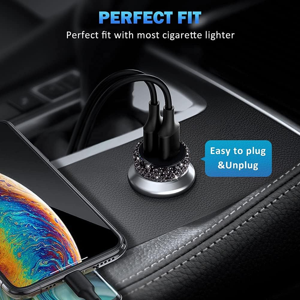 Dual USB Car Charger Quick Charge 3.0 Car Adapter Fast Charging Charger Compatible with Iphone 11/11Pro/ Max/Xs/Xr/X/10,Ipad,Samsung S10/S10+/S9,Google Pixel 4/4 XL Etc,Bling Car Decor,Black