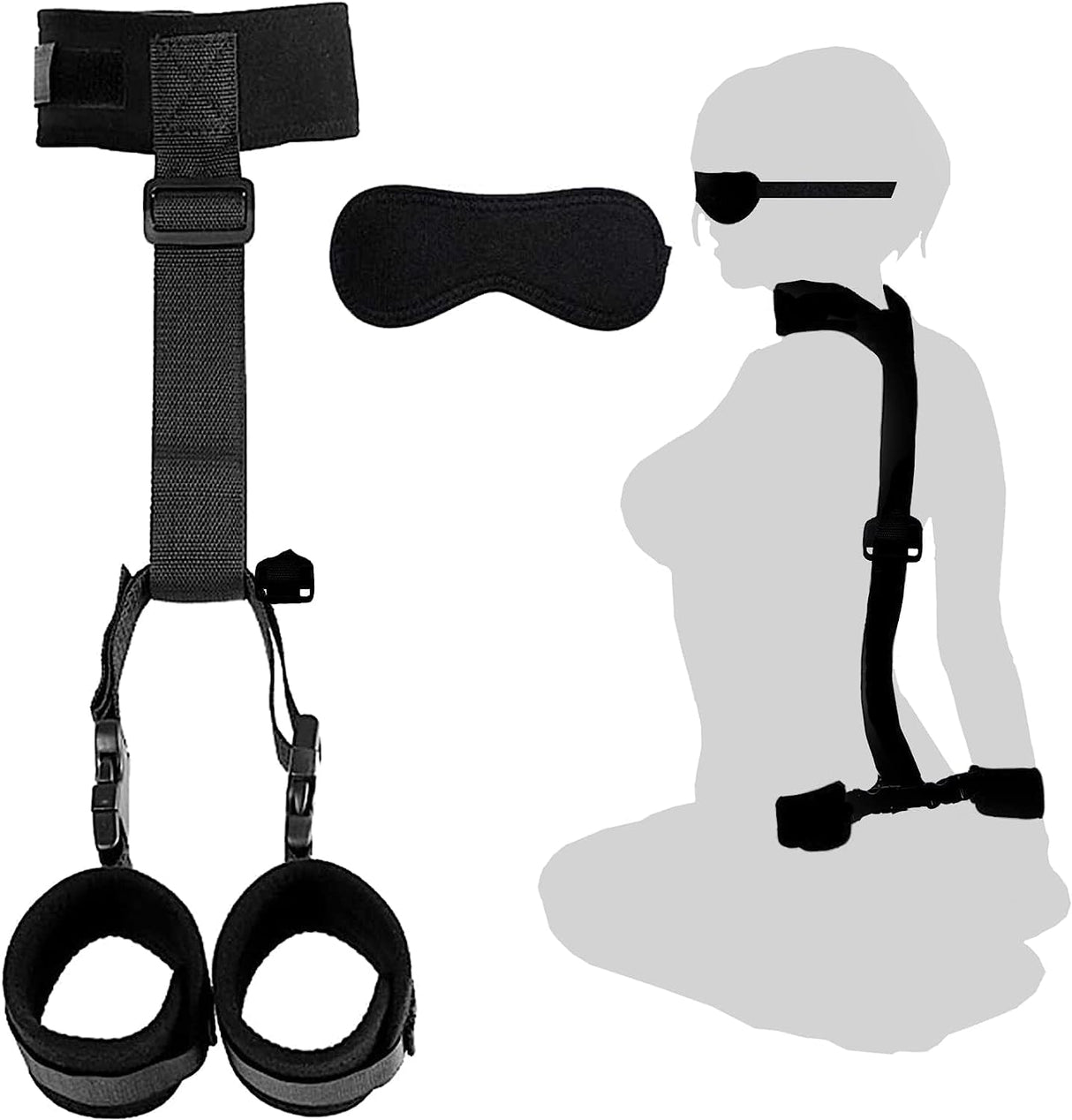BDSM Neck to Wrist Restraints Bondage Set - behind Back Handcuffs Collar with Blindfold Adjustable Bondage Set Bed SM Games Play Sex Toys for Couples