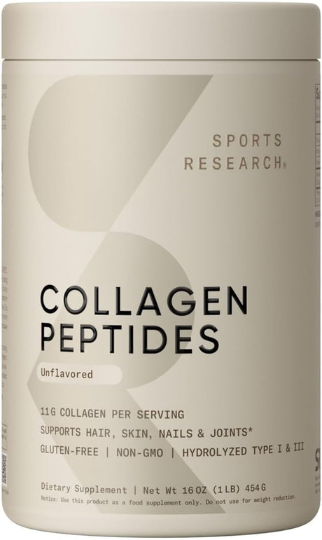 Sports Research Collagen Peptides for Women & Men - Hydrolyzed Type 1 & 3 Collagen Powder Protein Supplement for Healthy Skin, Nails, Bones & Joints - Easy Mixing Vital Nutrients & Proteins