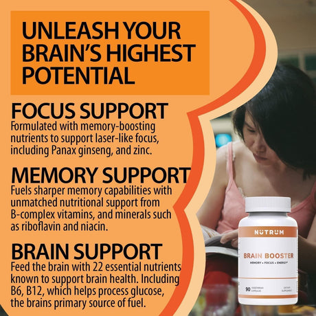 NUTRUM Brain Booster Supplement - Brain Supplement Nootropic Booster – Brain Pills Vitamin for Focus, Memory, Clarity, Energy & Better Concentration, with DMAE, Bacopa Monnieri, L-Gutamine - Supply Center USA