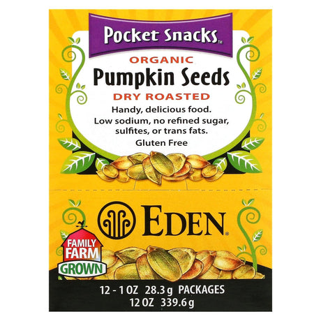 Eden Foods, Pocket Snacks, Organic Pumpkin Seeds, Dry Roasted, 12 Packages, 1 oz (28.3 g) Each - Supply Center USA