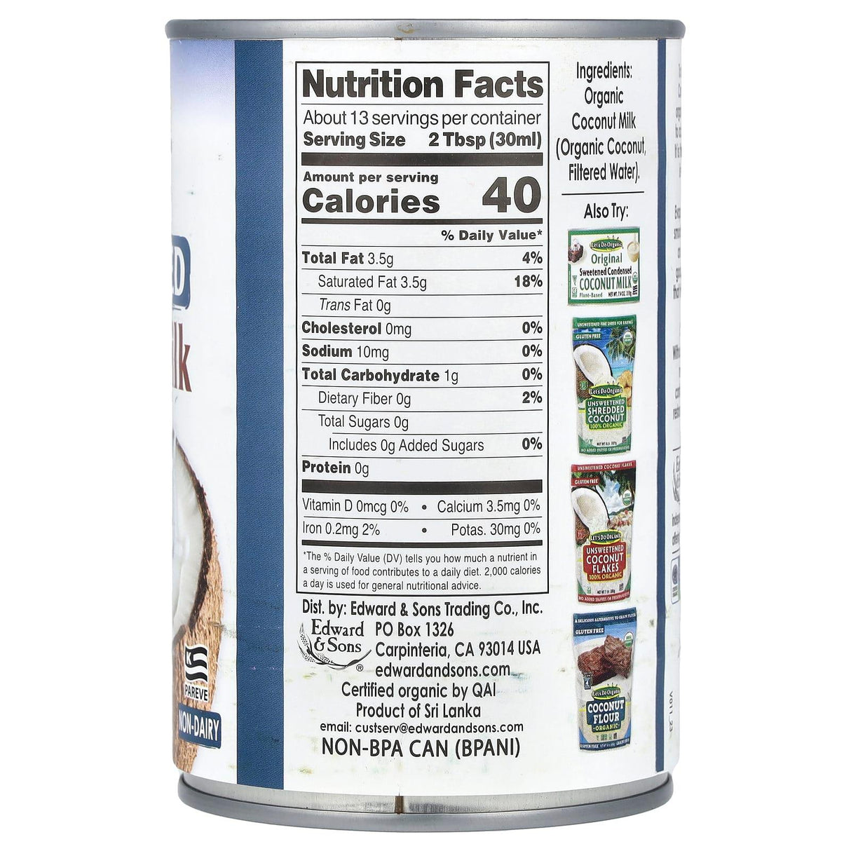 Edward & Sons, Let's Do Organic®, Organic Evaporated Coconut Milk, Unsweetened, 13.5 fl oz (398 ml) - Supply Center USA