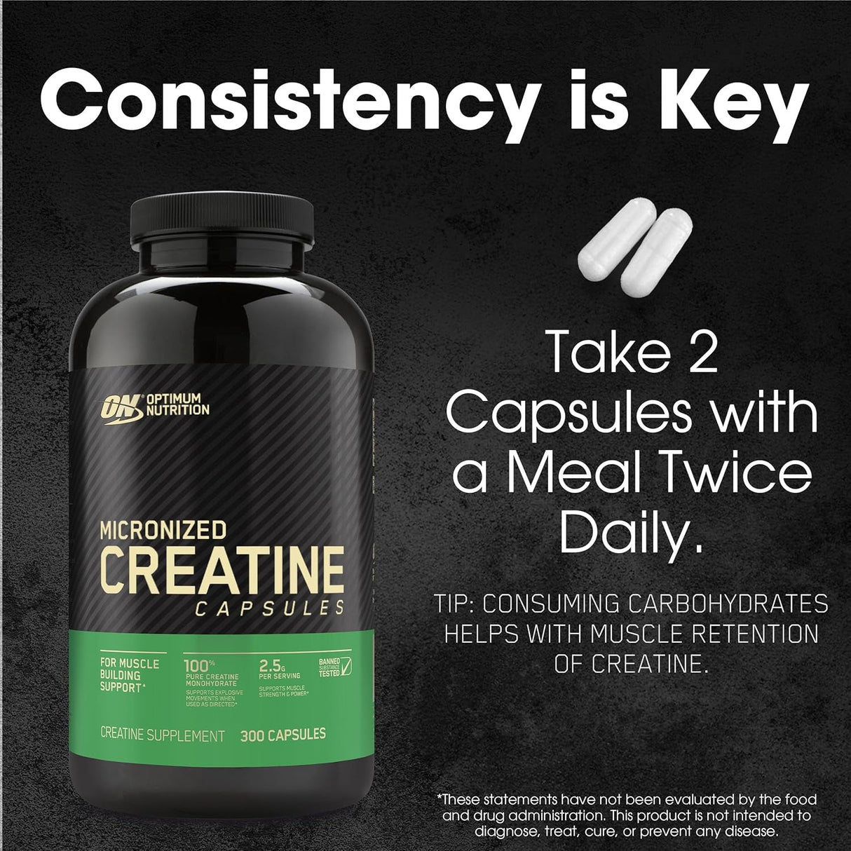 Optimum Nutrition Micronized Creatine Monohydrate Capsules, Keto Friendly, 2500Mg, 300 Capsules (Packaging May Vary)