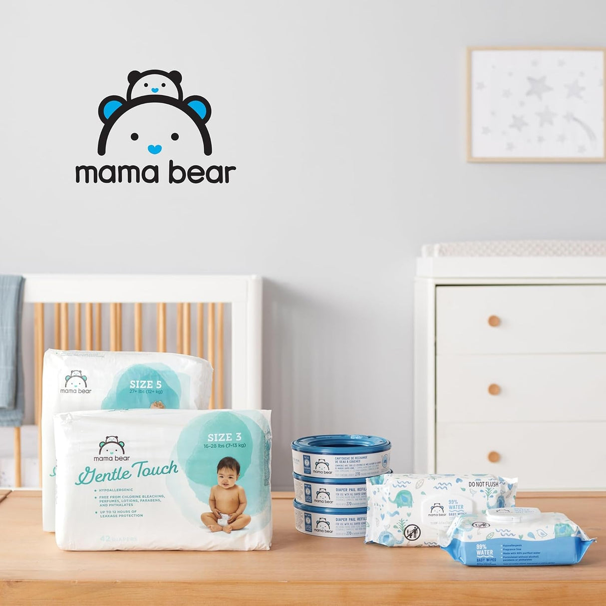 Amazon Brand - Mama Bear Diaper Pail Refills for Diaper Genie Pails, Unscented, 1080 Count (4 Packs of 270 Count)