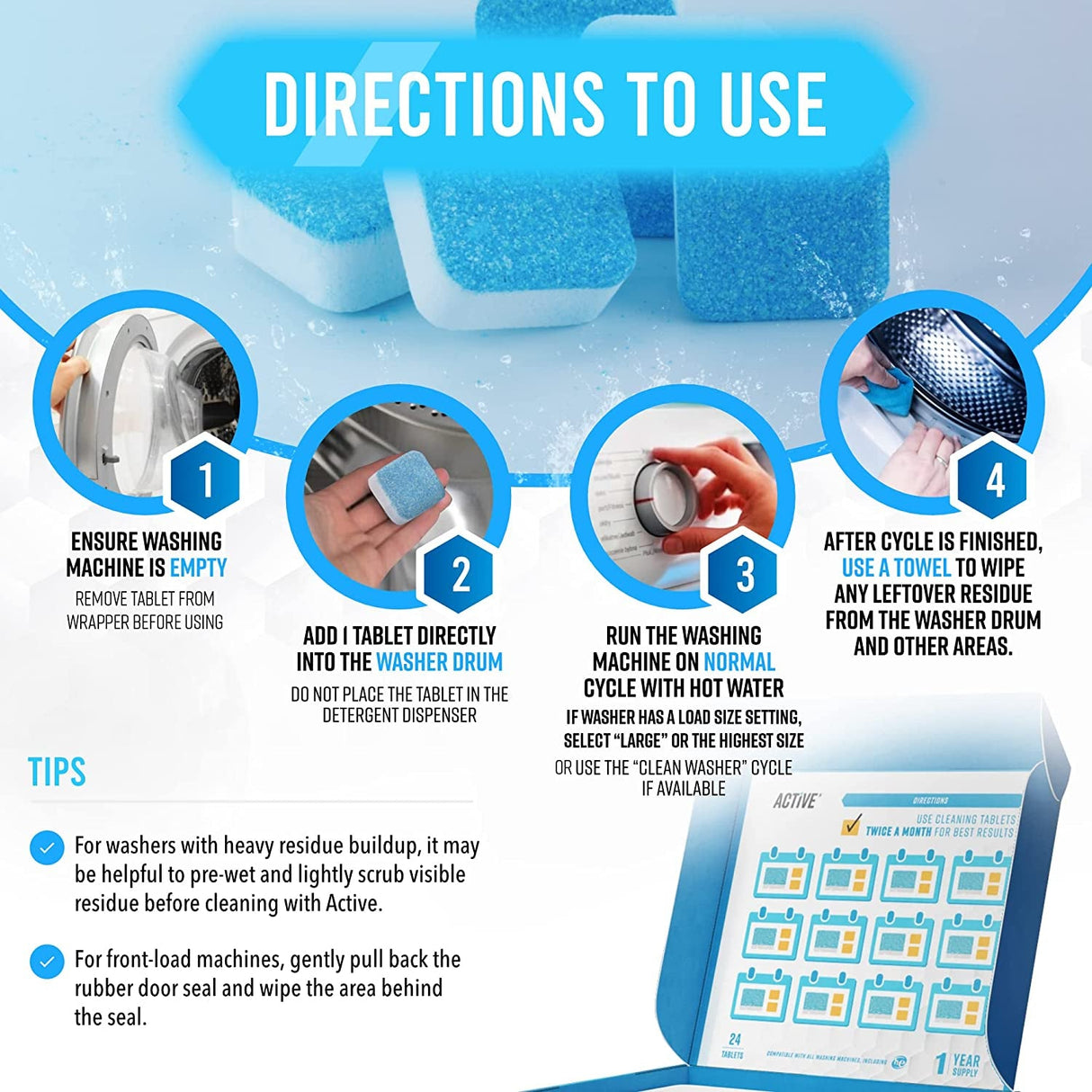 Washing Machine Cleaner Descaler 24 Pack - Deep Cleaning Tablets for HE Front Loader & Top Load Washer, Septic Safe Eco-Friendly Deodorizer, Clean inside Drum and Laundry Tub Seal - 12 Month Supply